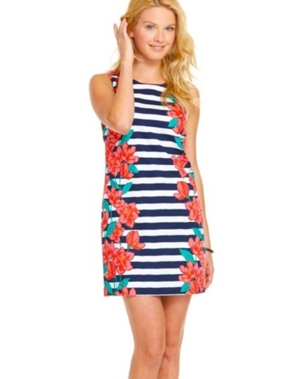 Vineyard Vines Navy and White Striped Dress w/ Coral Floral Detail Size 6